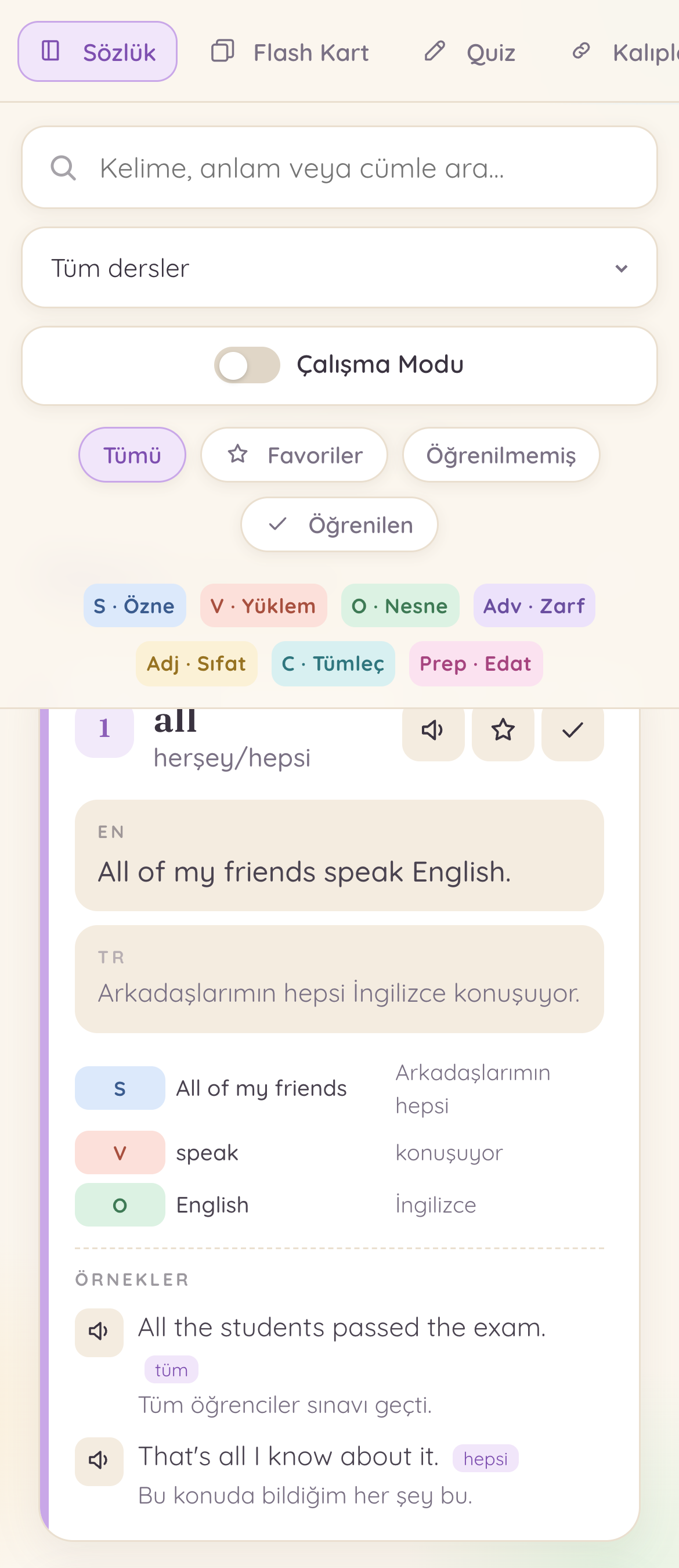 ViolaSpeak sözlük ekranı — örnek cümleli kelime kartı